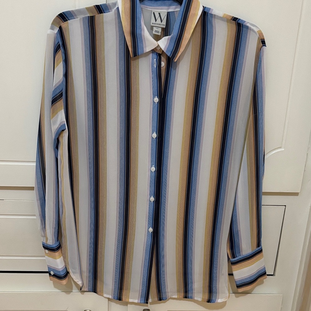 W by Worth Striped Long-Sleeve Button-Down Shirt in Blue, Tan & White